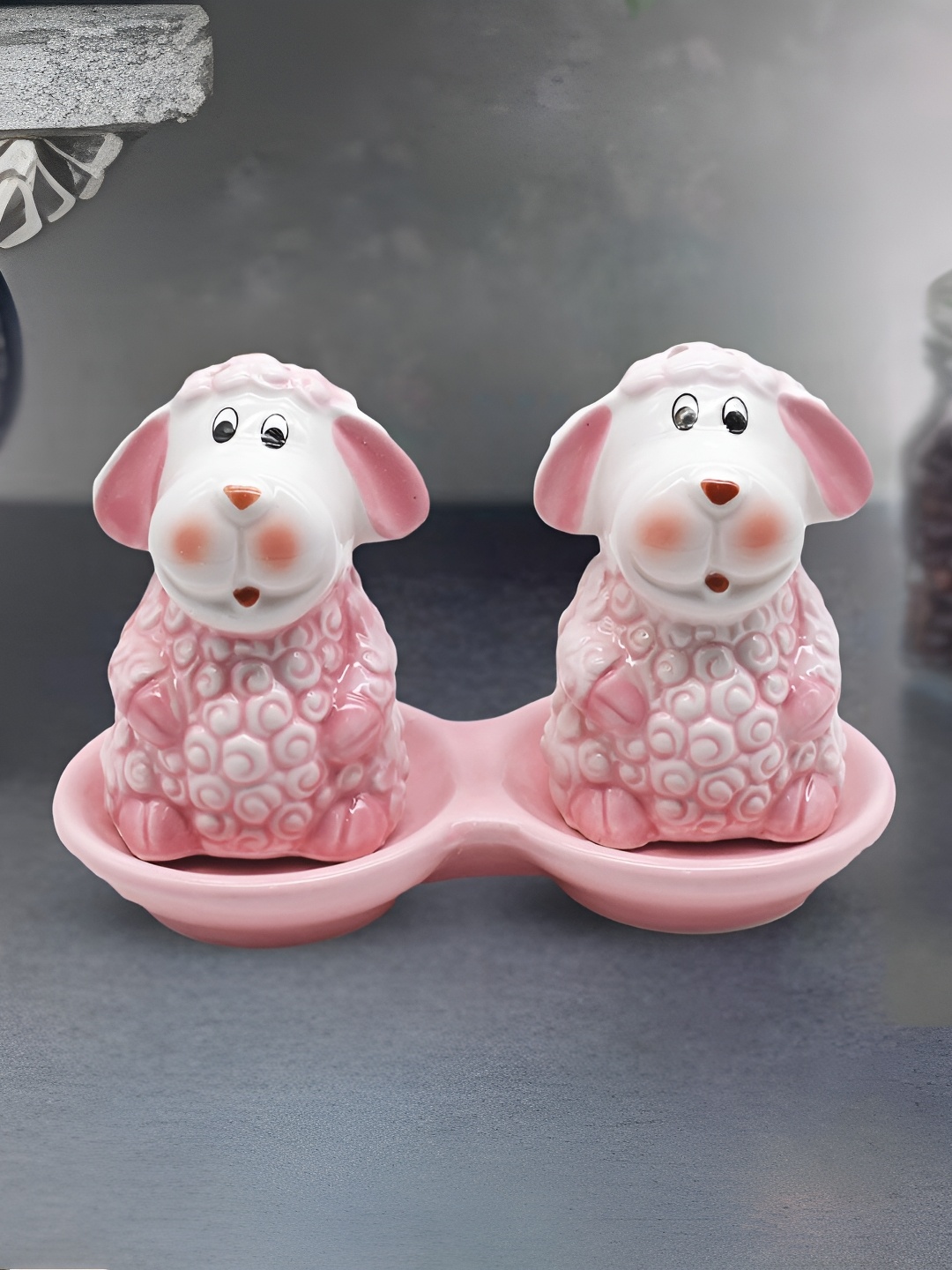 

Kookee Pink & White 3 Pcs Ceramic Salt & Pepper Container With Tray