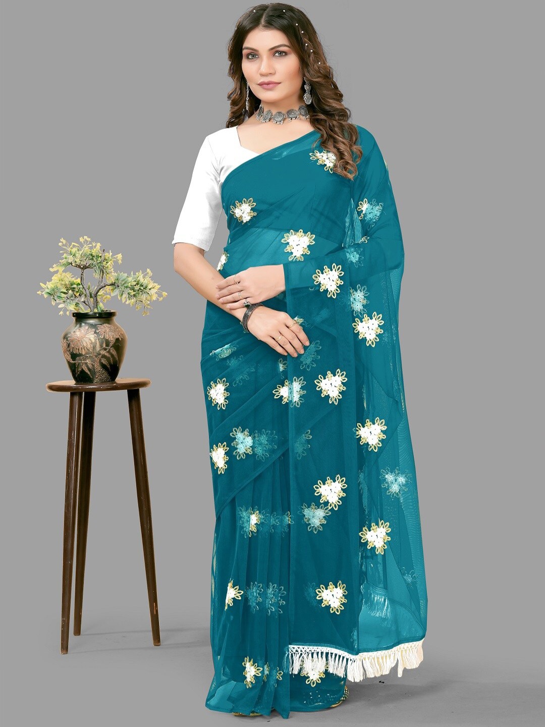 

faxofab Floral Zari Net Saree, Teal