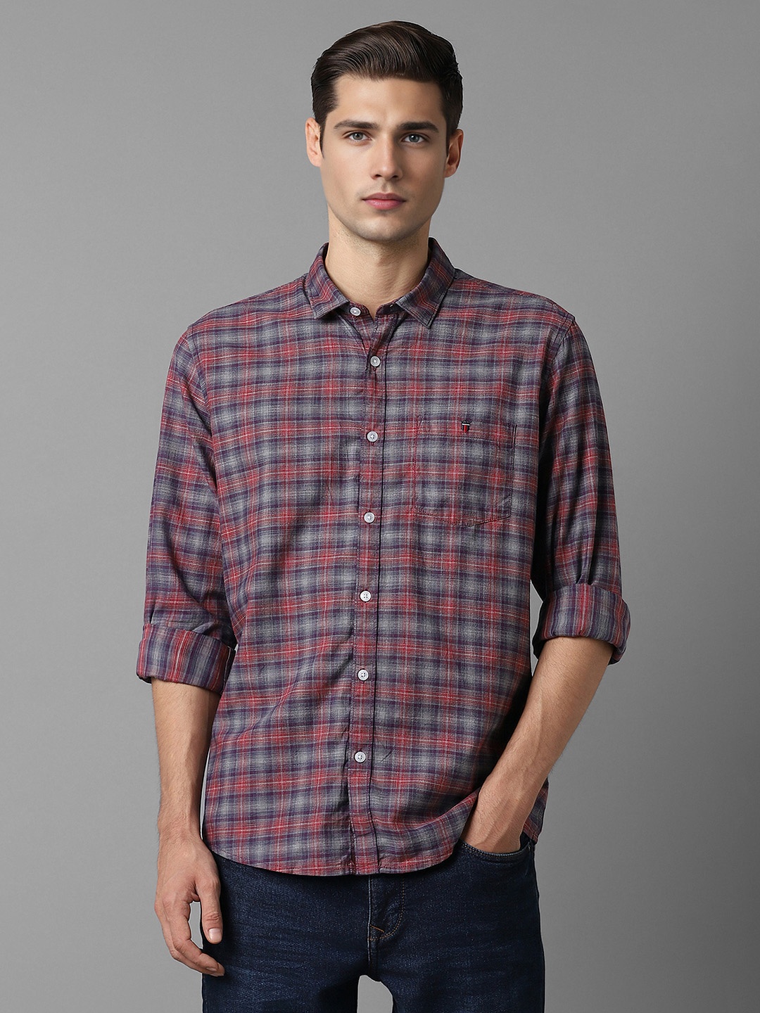 

Louis Philippe Jeans Checked Cotton Spread Collar Curved Slim Fit Casual Shirt, Blue
