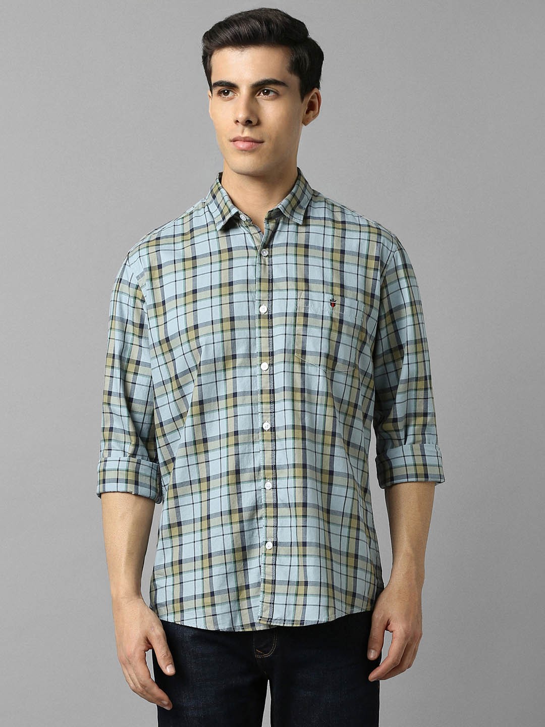 

Louis Philippe Jeans Checked Cotton Spread Collar Curved Slim Fit Casual Shirt, Blue
