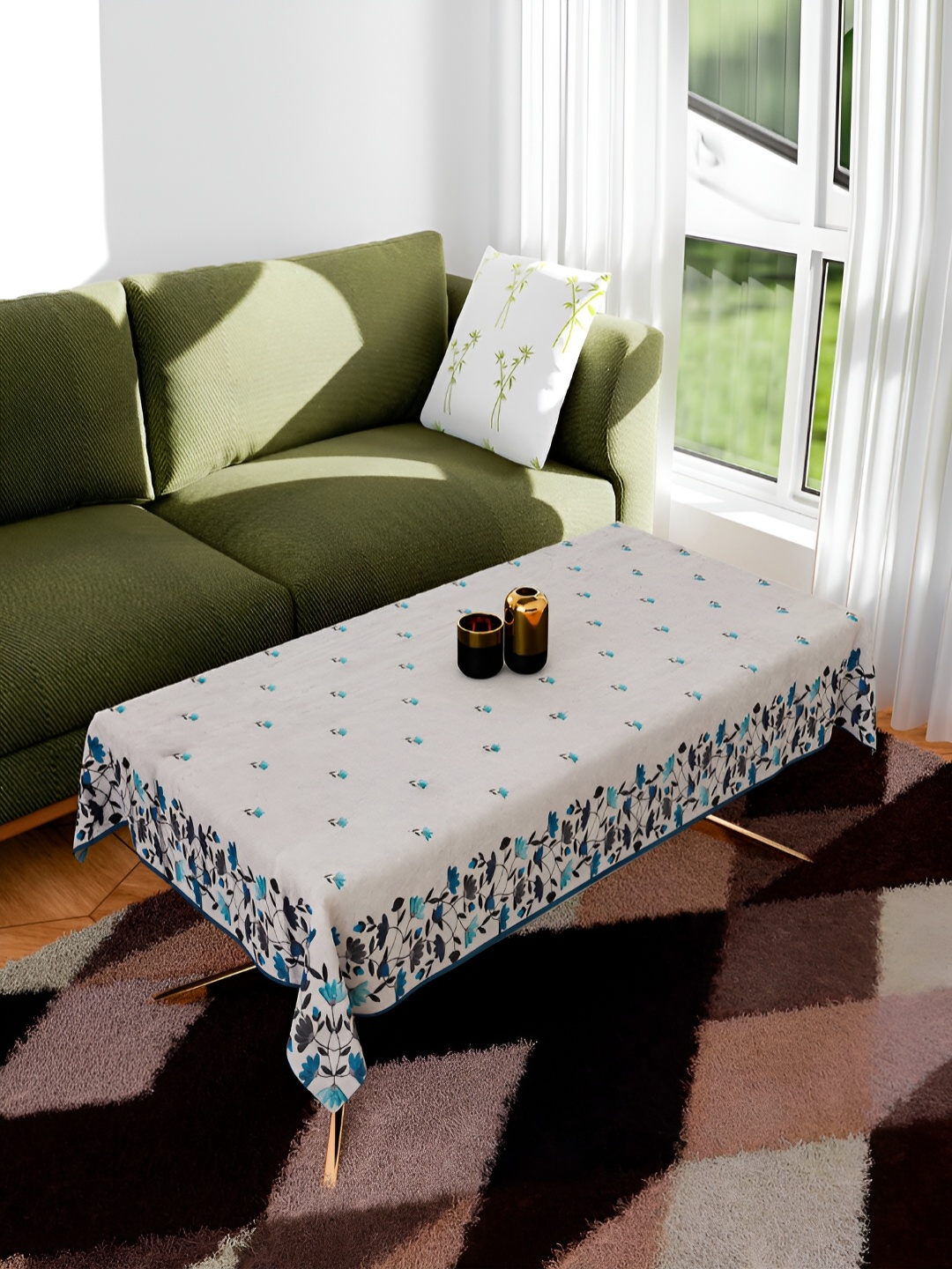 

Kuber Industries Grey & Blue Printed Velvet 5 Seater Sofa Table Cover Set