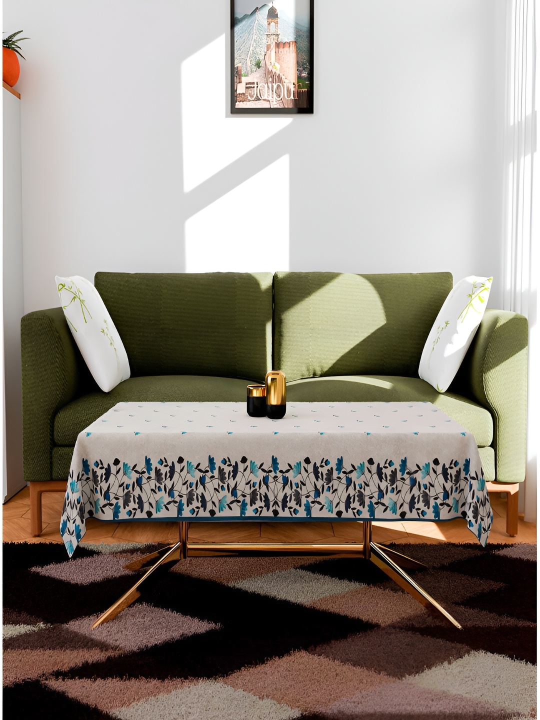 

Kuber Industries Set of Grey & Blue Printed 5 Seater Sofa Sofa Table Cover Set