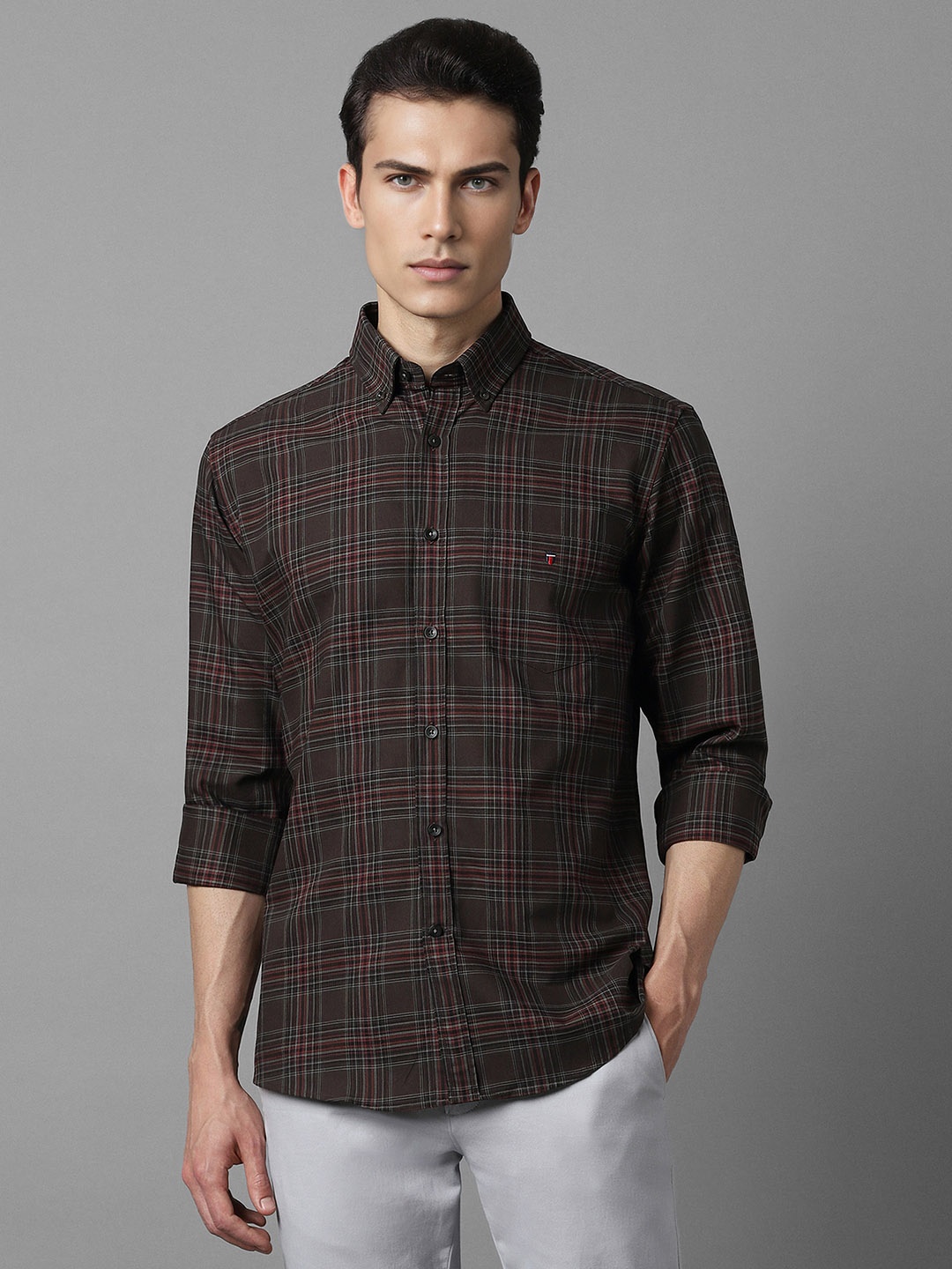 

Louis Philippe Sport Slim Fit Tartan Checked Pure Cotton Casual Shirt, Brown