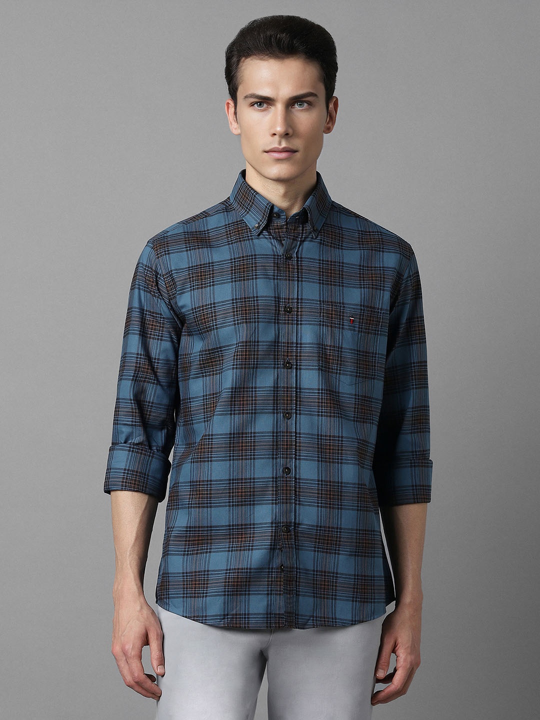 

Louis Philippe Sport Slim Fit Tartan Checked Pure Cotton Casual Shirt, Blue