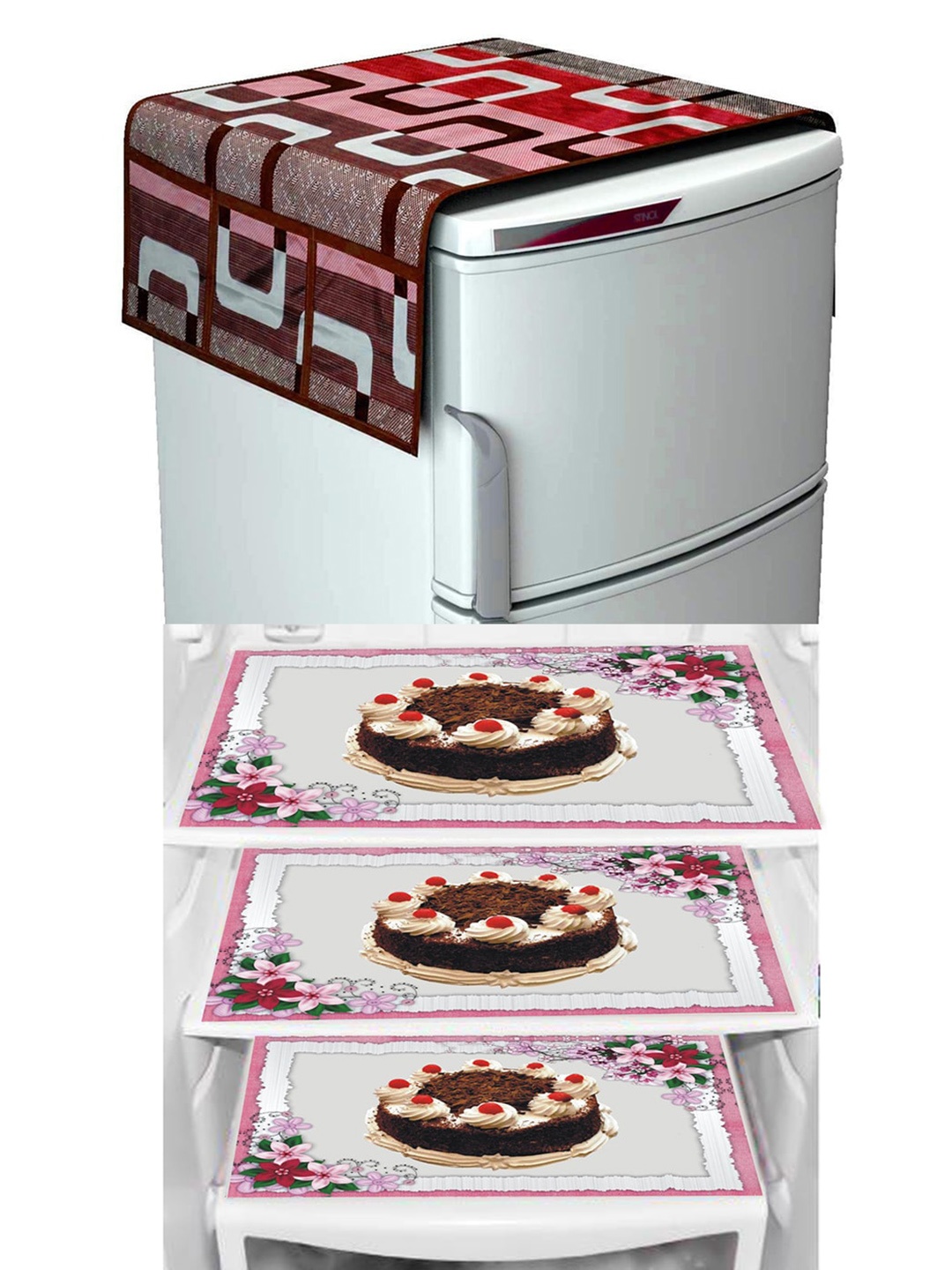 

Dakshya Industries 4 Pieces Maroon & Brown Geometric Print Fridge Cover & Fridge Mats