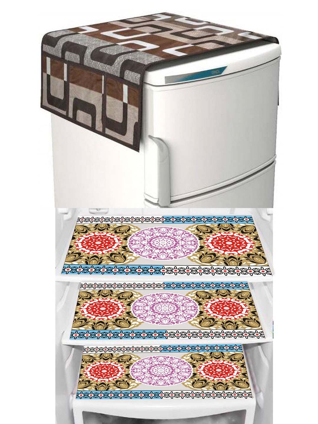 

Dakshya Industries Brown & Red 4 Pieces Geometric Printed Refrigerator Cover & Mats