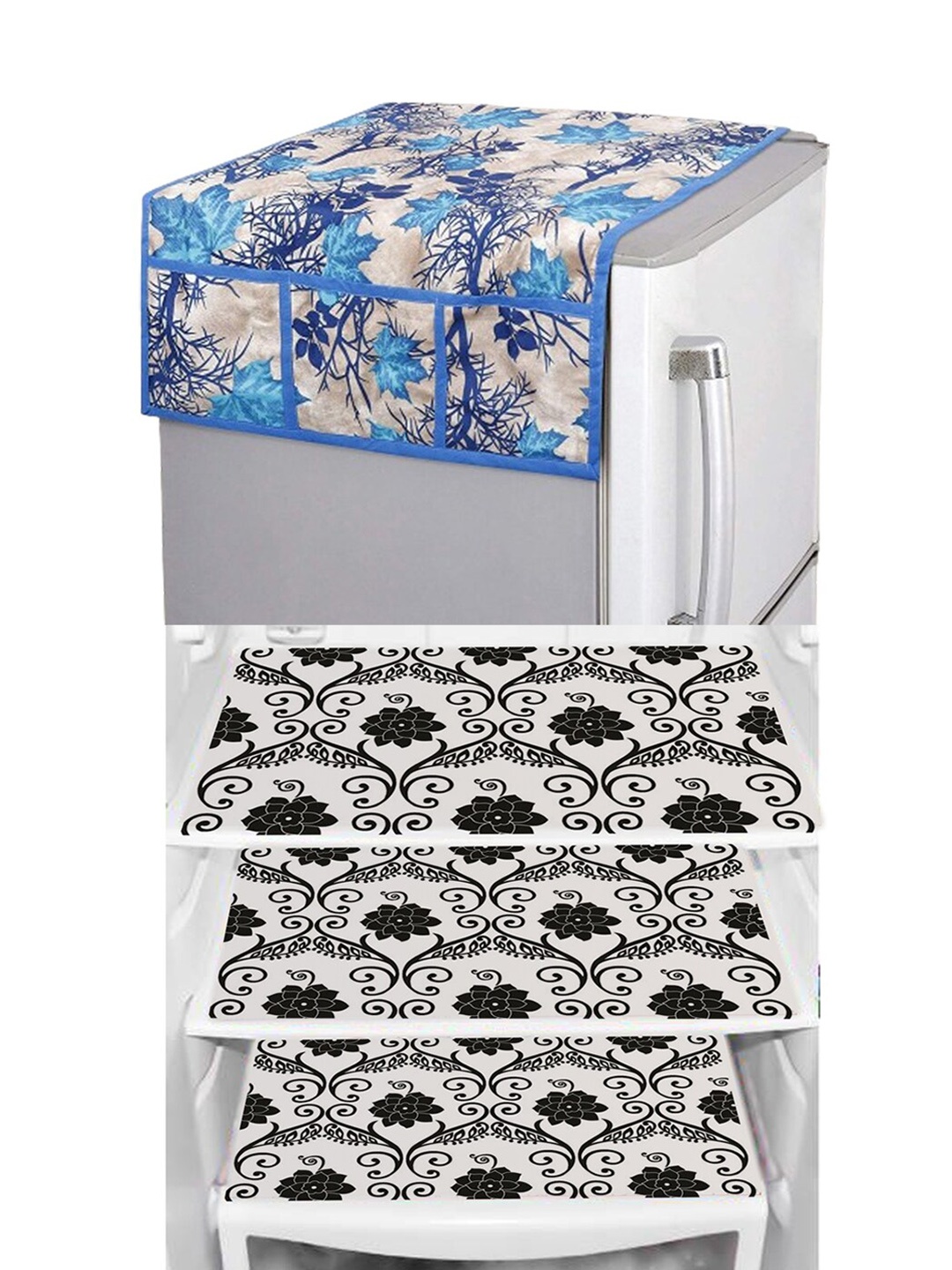 

Dakshya Industries Blue & Beige 4 Pieces Floral Printed Refrigerator Covers, Black