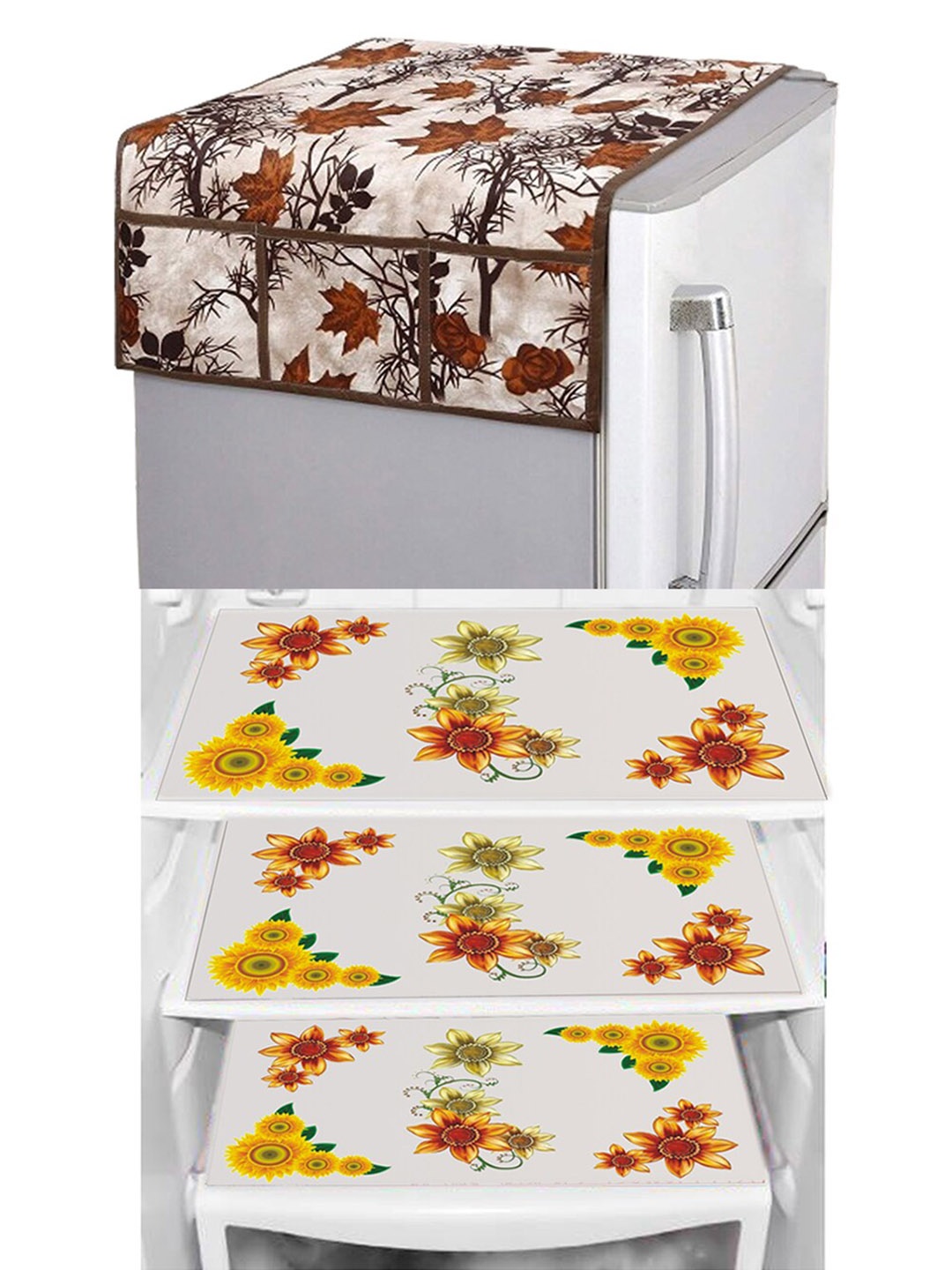 

Dakshya Industries Yellow & Brown 4 Pieces Floral Printed Waterproof Fridge Cover & Mats