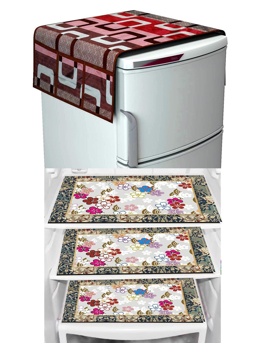 

Dakshya Industries Red & Beige 4 Pieces Floral Printed Refrigerator Cover & Mats