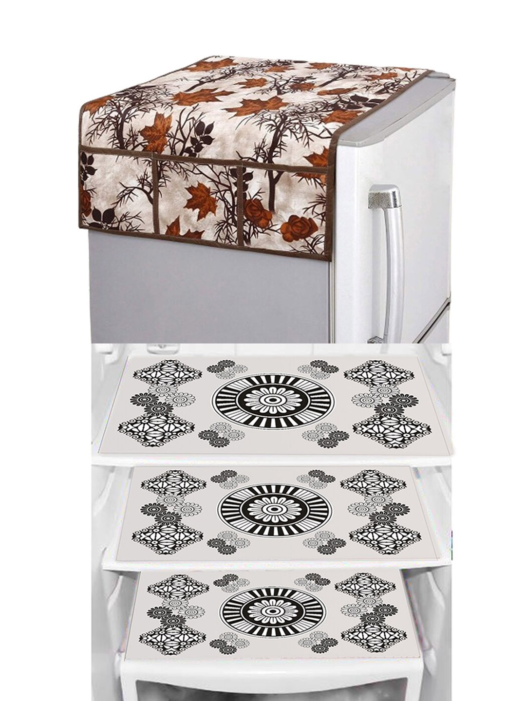 

Dakshya Industries White & Brown 4 Pieces Floral Printed Refrigerator Cover & Mats