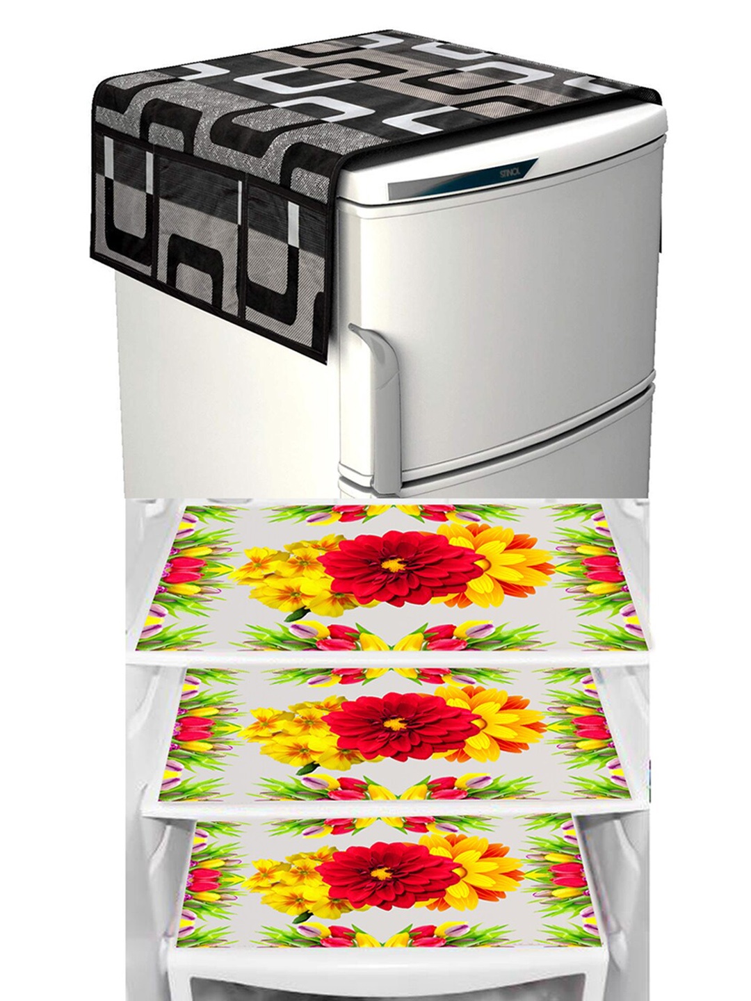 

Dakshya Industries Black & Yellow 4 Pieces Geometric Print Waterproof Fridge Cover & Mats