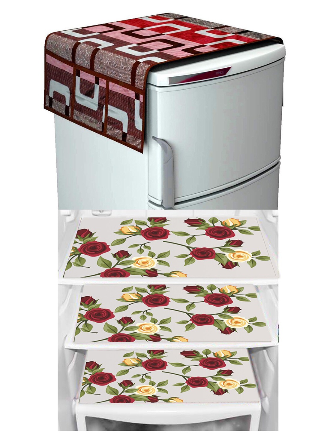 

Dakshya Industries Maroon & Yellow 4 Pcs Geometric Print Waterproof Fridge Cover & Mats