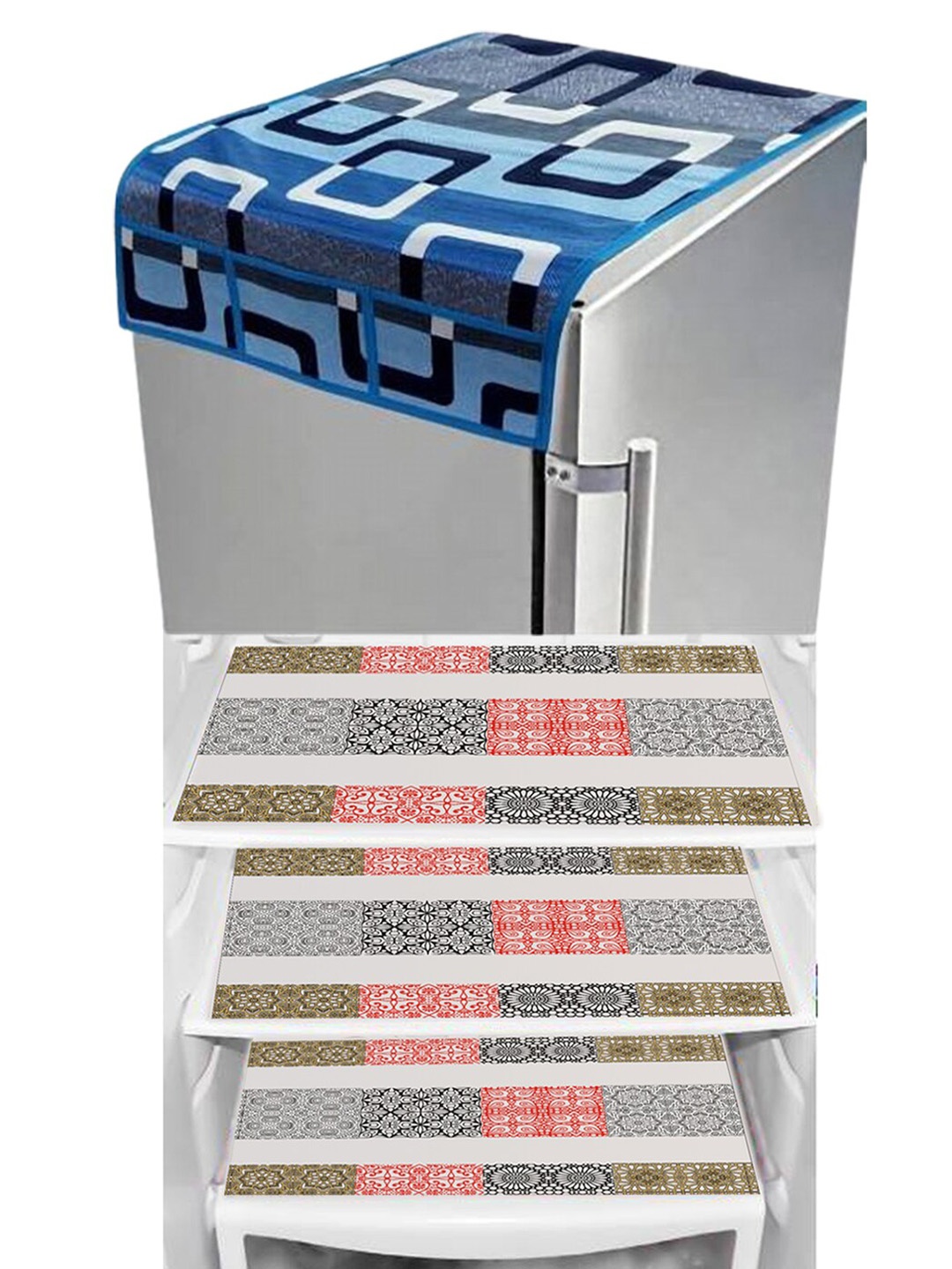 

Dakshya Industries Blue & Red Geometric Printed Waterproof Fridge Cover & 3 Fridge Mats