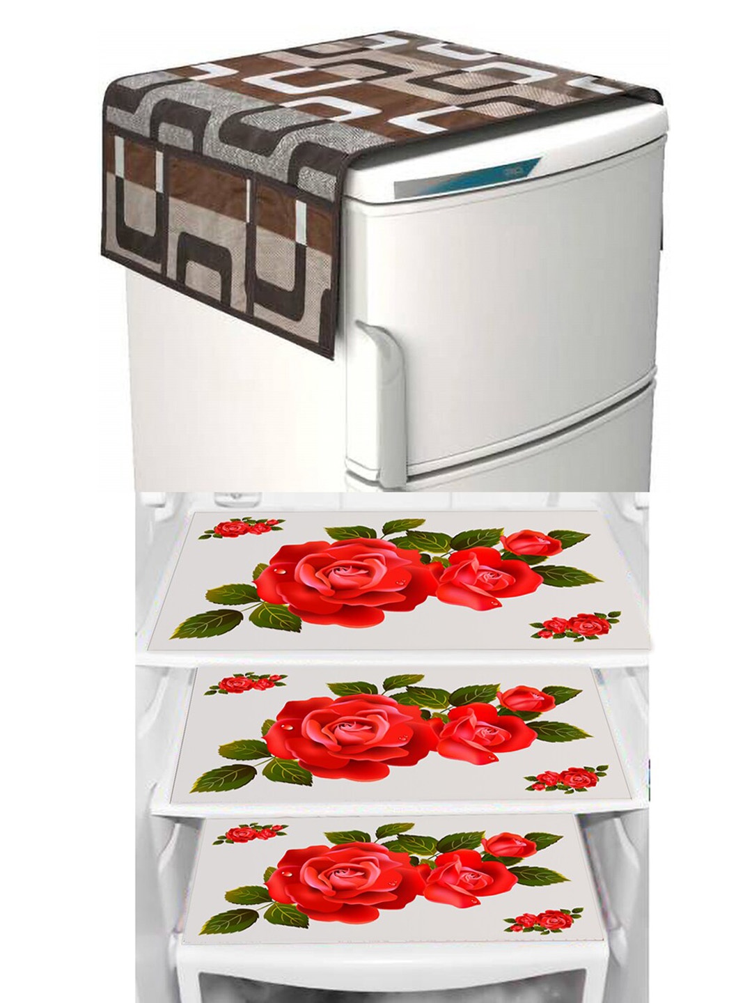 

Dakshya Industries Brown & Red 4 Pieces Geometric Printed Waterproof Fridge Cover & Mats