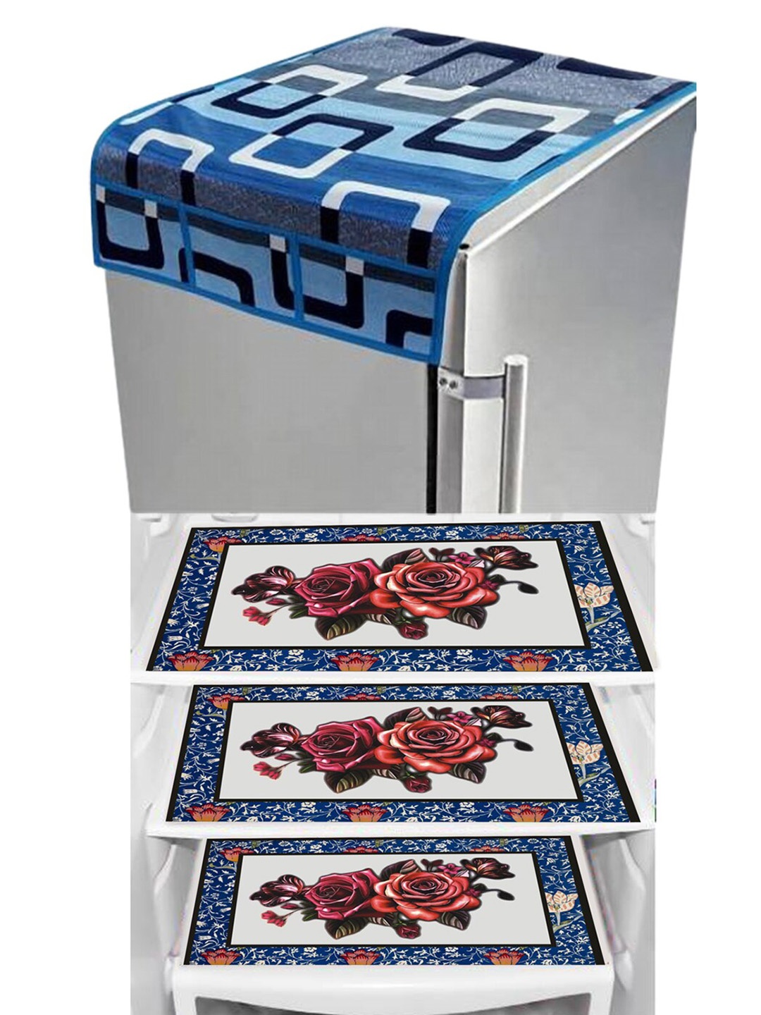 

Dakshya Industries Blue & Red 4 Pieces Geometric Printed Refrigerator Cover & Mats