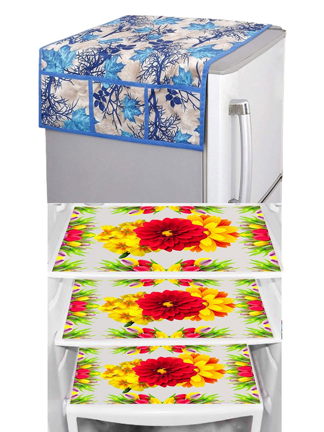 

Dakshya Industries Yellow & Blue 4 Pieces Printed Waterproof Fridge Cover With Fridge Mats