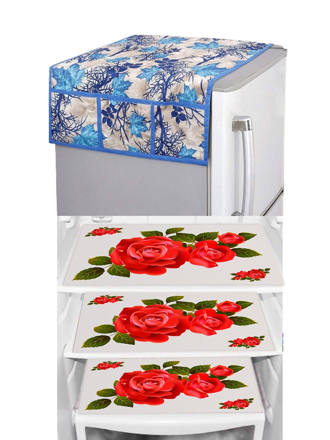 

Dakshya Industries Red & Blue 4 Pieces Floral Printed Refrigerator Cover & Mats