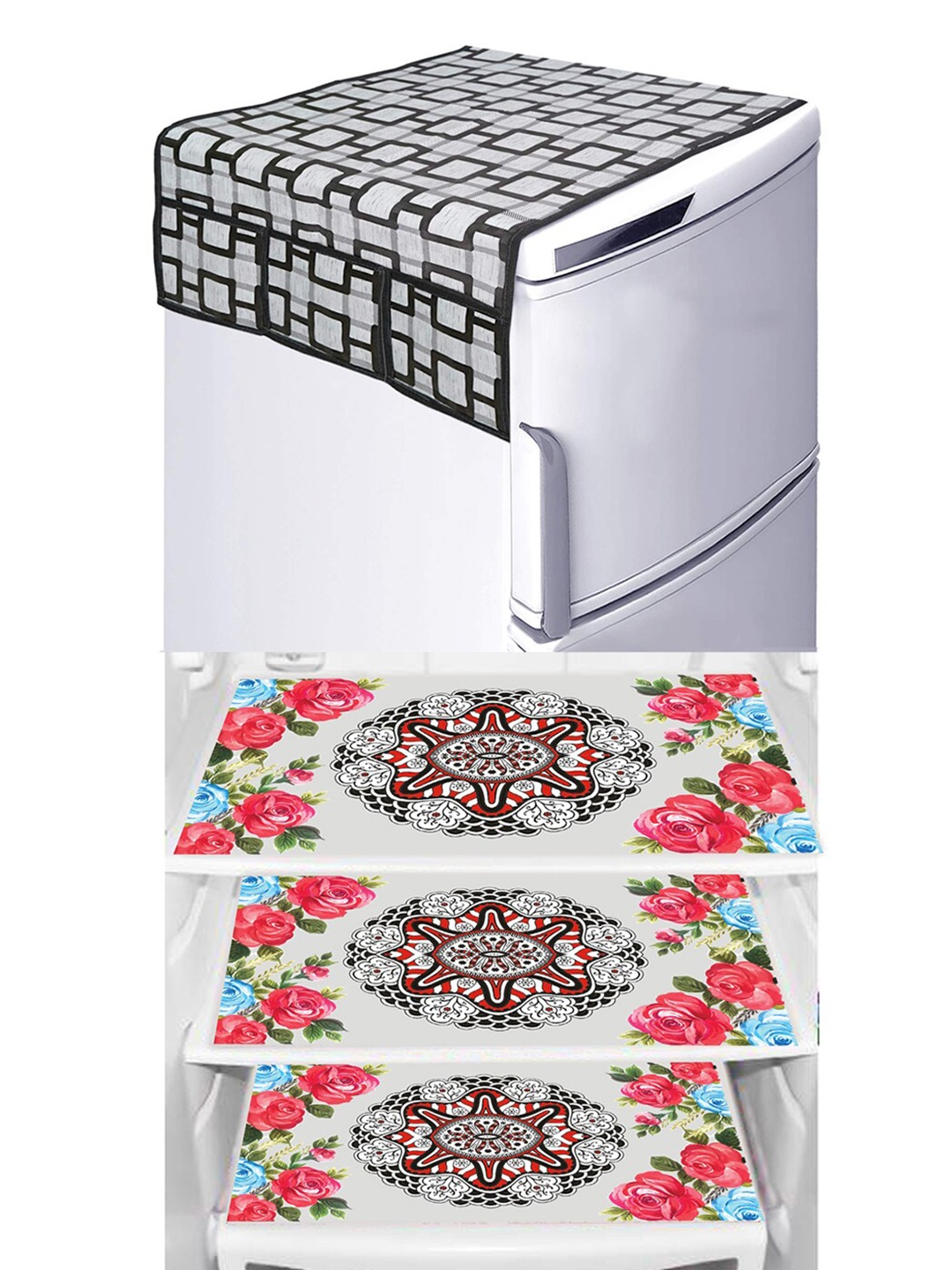 

Dakshya Industries Pink & White 4 Pieces Geometric Printed Refrigerator Cover & Mats