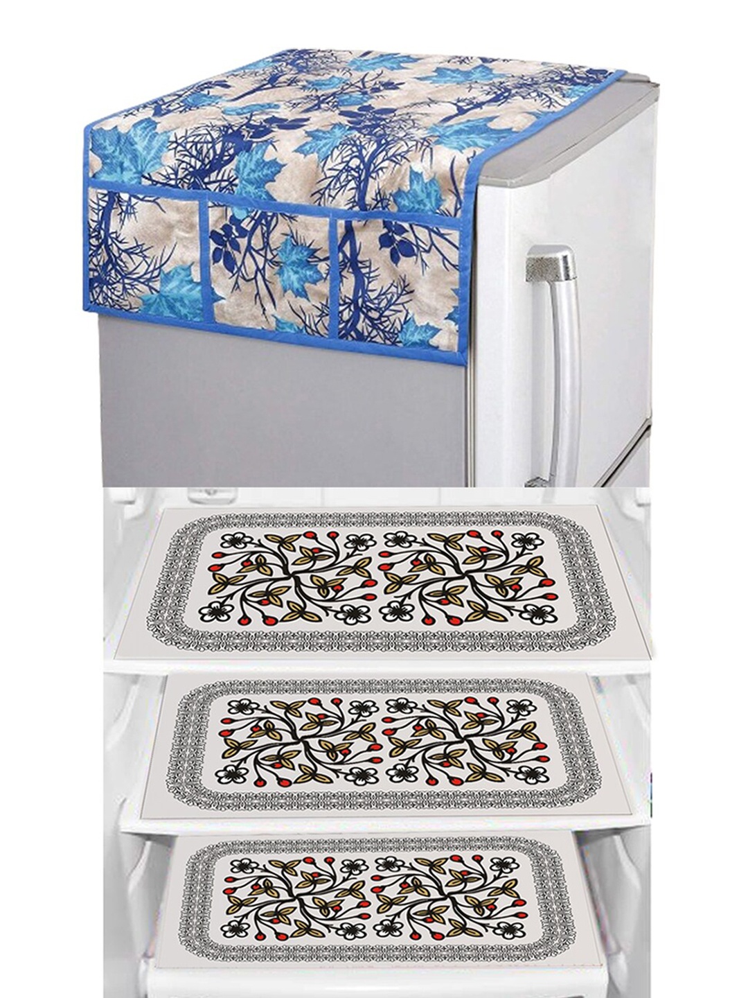 

Dakshya Industries Blue & Black 4 Pieces Floral Printed Refrigerator Cover & Mats