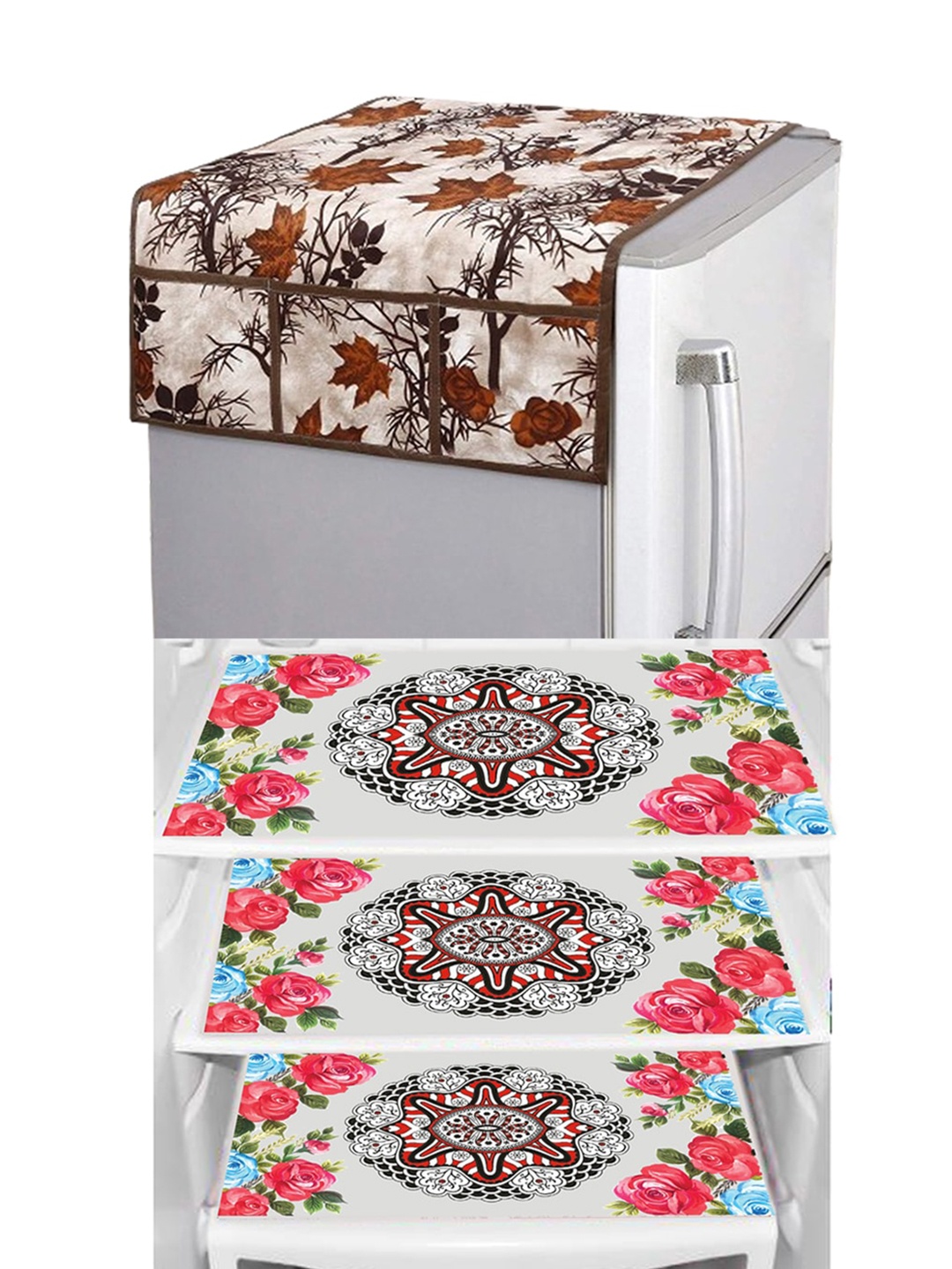 Dakshya Industries Pink & Brown 4 Pieces Printed Refrigerator Appliance Covers