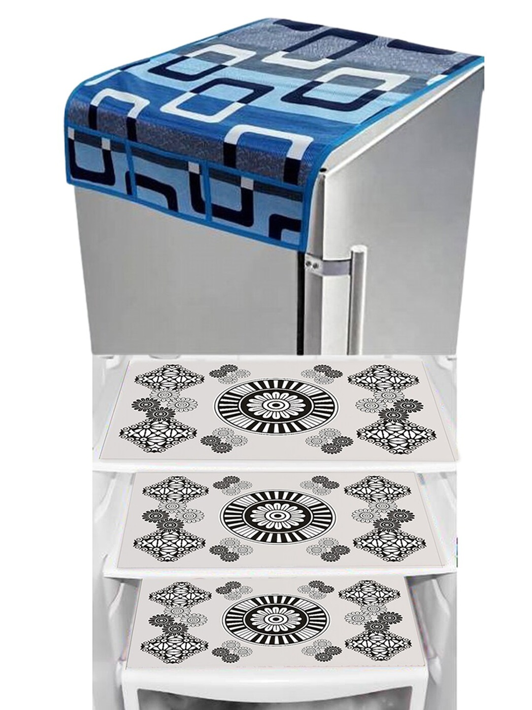 

Dakshya Industries Blue & Black 4 Pieces Printed Refrigerator Covers & Mats