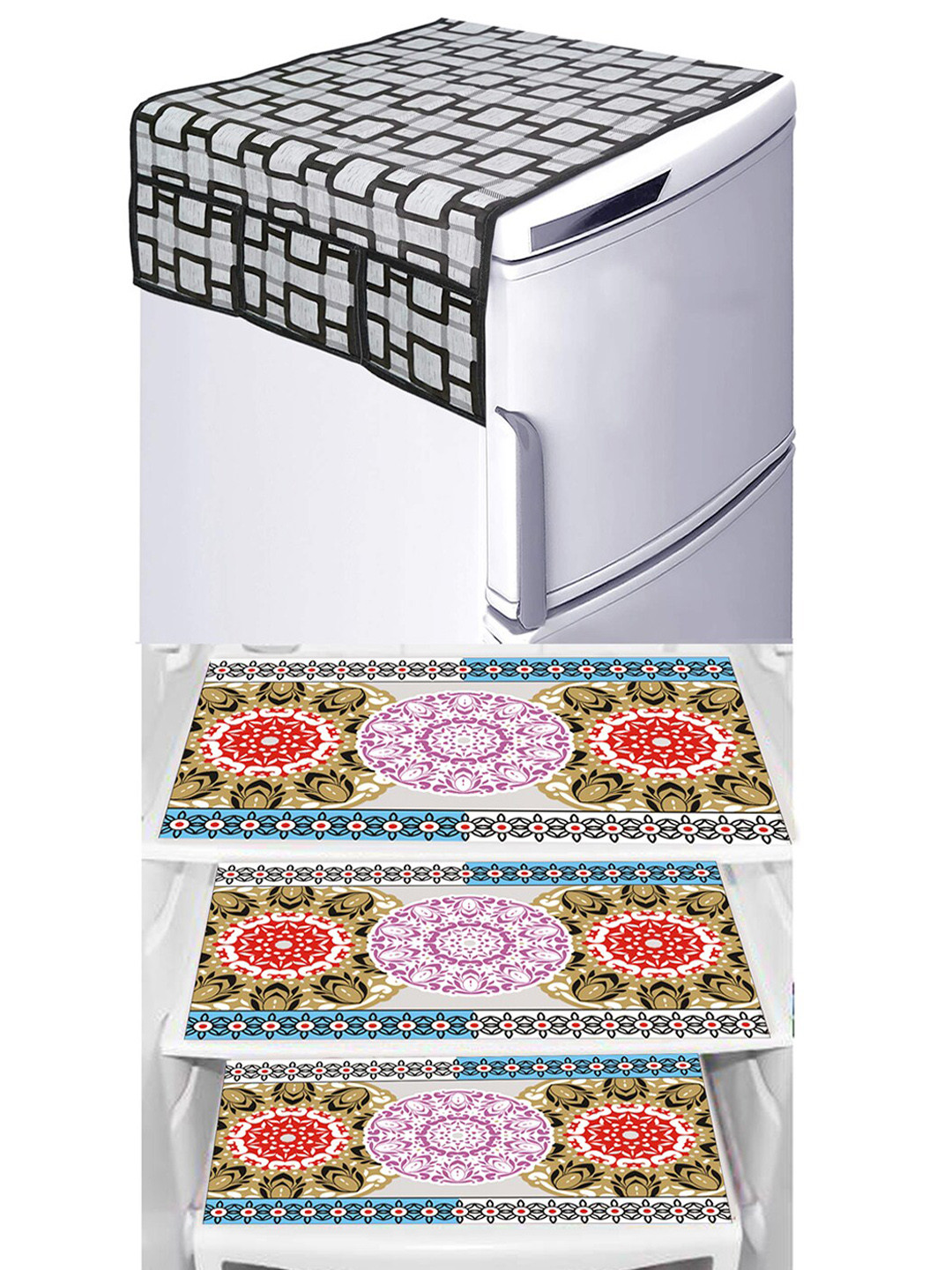 

Dakshya Industries Grey & Pink 4 Pieces Floral Printed Refrigerator Cover & Mat
