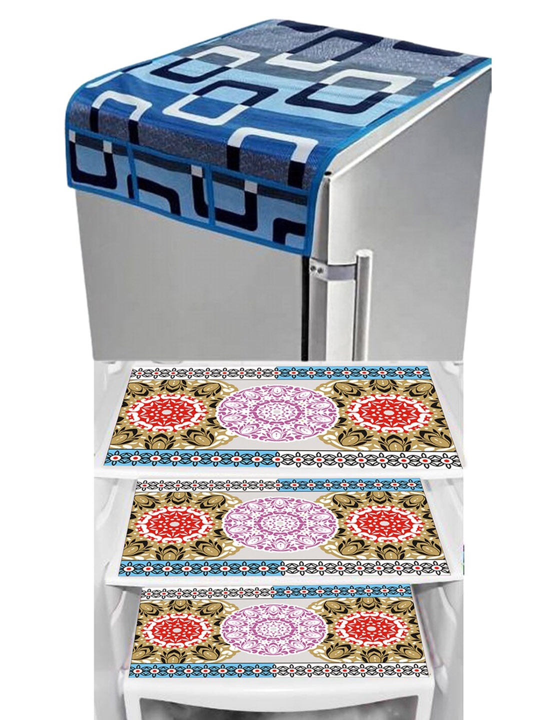 

Dakshya Industries Blue & Red 4 Pieces Geometric Printed Refrigerator Cover & Mat