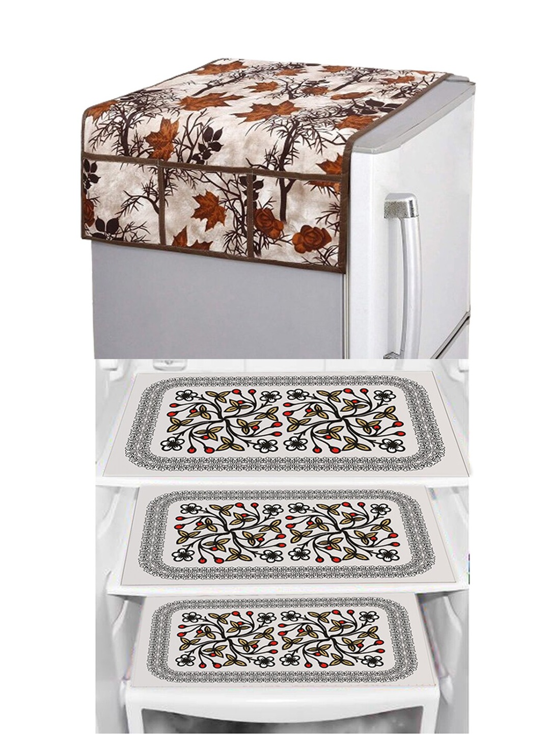 

Dakshya Industries Brown & Black 4 Pieces Floral Printed Refrigerator Cover & Mat