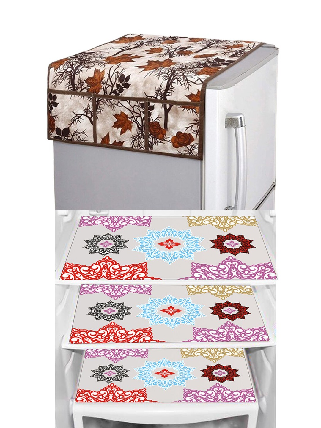 

Dakshya Industries Brown & Red Floral Printed Waterproof Fridge Cover With 3 Fridge Mats