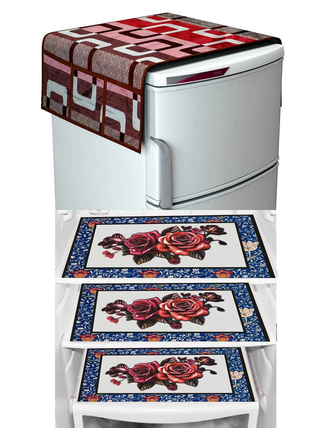 

Dakshya Industries Red & Blue 4 Pieces Floral Printed Refrigerator Cover & Mats