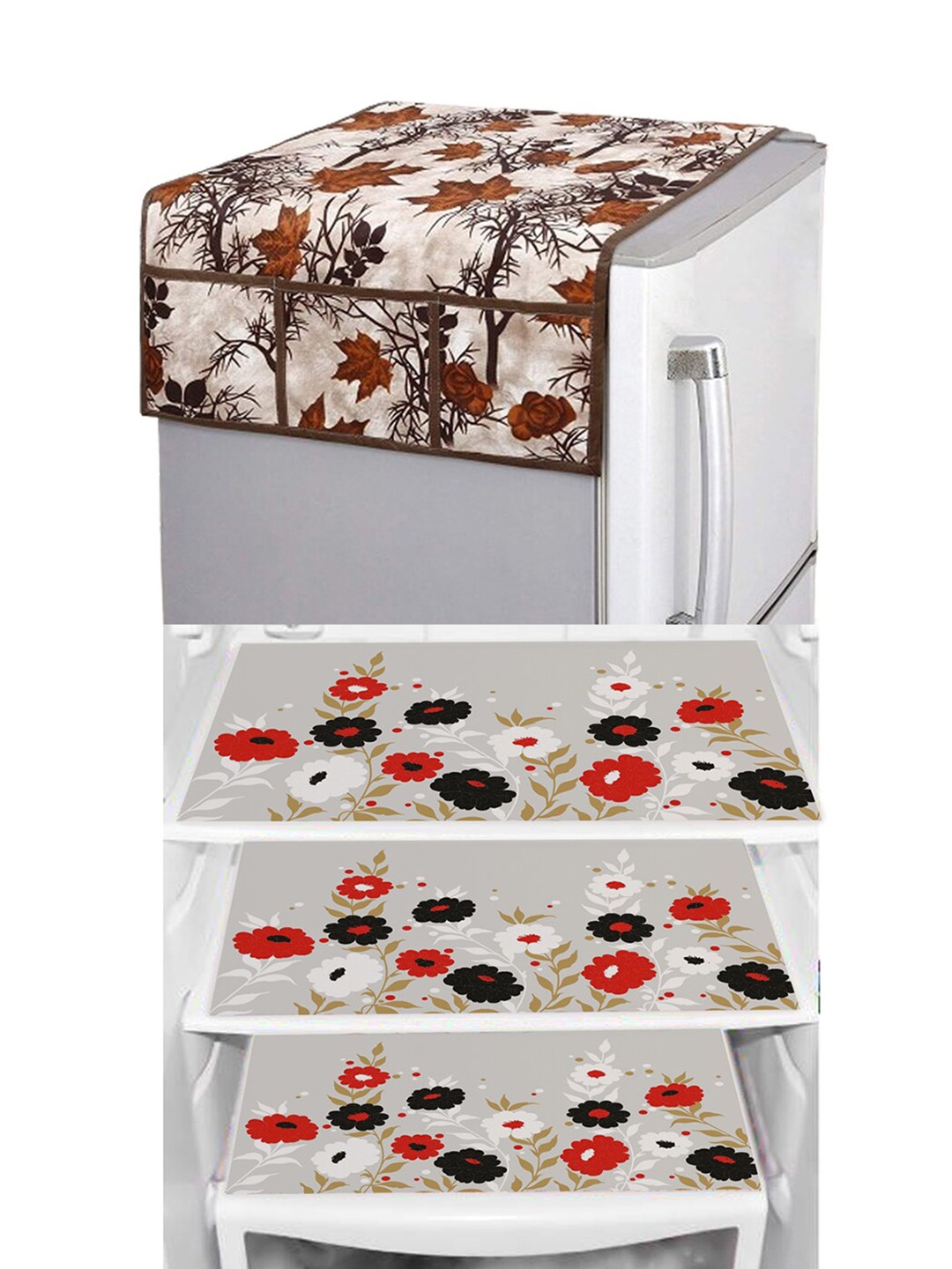 

Dakshya Industries Beige & Red4 Pieces Floral Printed Refrigerator Cover & Mats