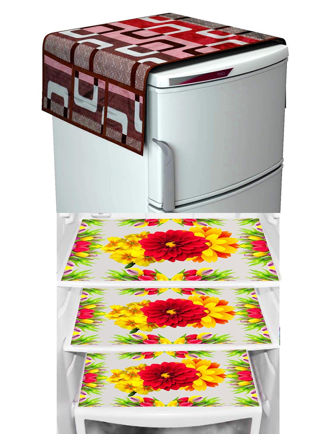 

Dakshya Industries Maroon & Yellow 4 Pcs Geometric Print Waterproof Fridge Cover & Mats