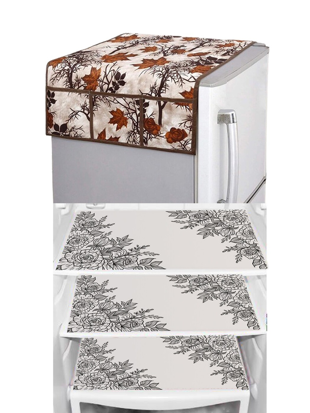 

Dakshya Industries White & Brown 4 Pieces Floral Printed Waterproof Fridge Covers