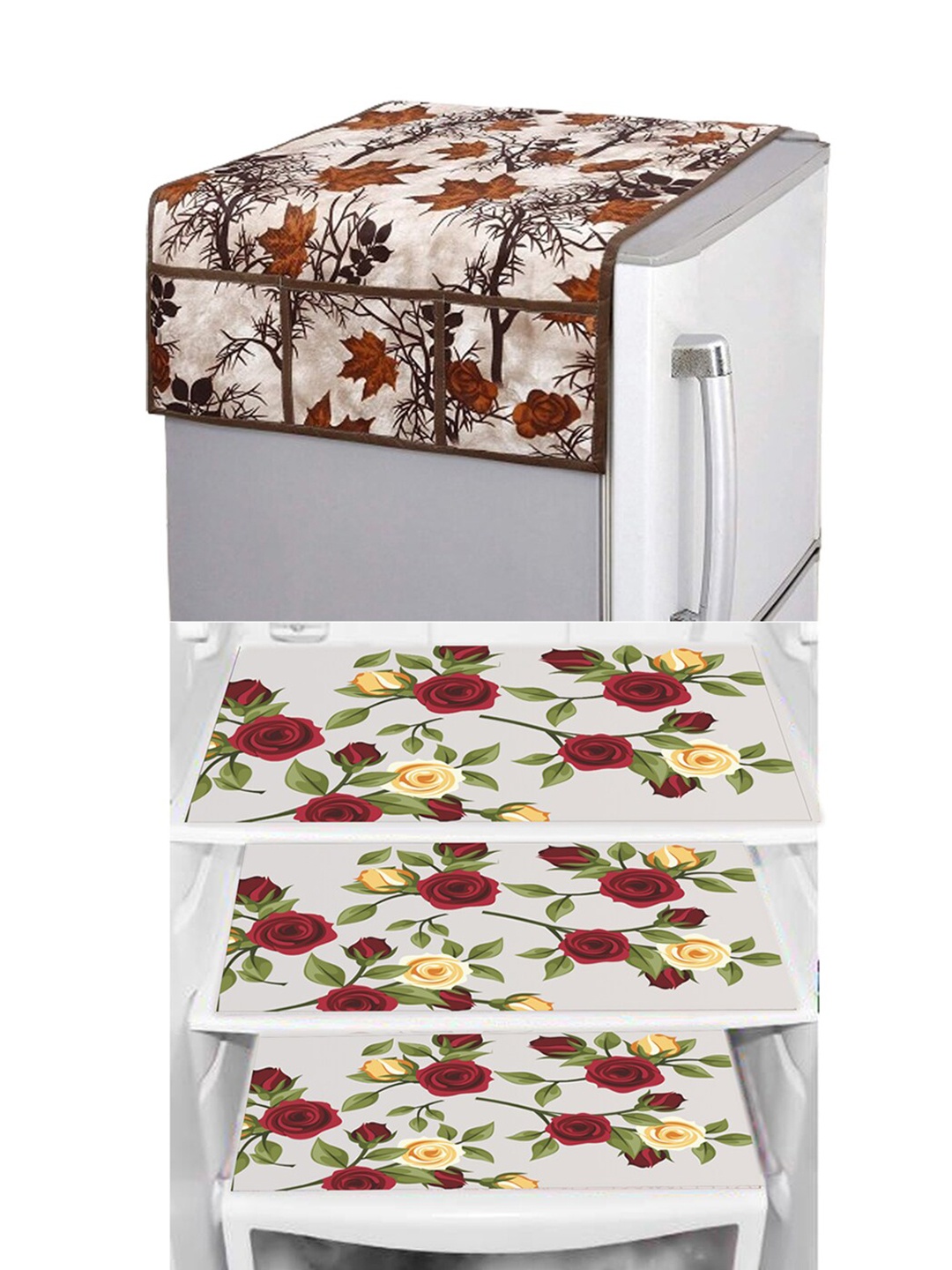 

Dakshya Industries Brown & Yellow 4 Pieces Floral Printed Waterproof Fridge Cover & Mats