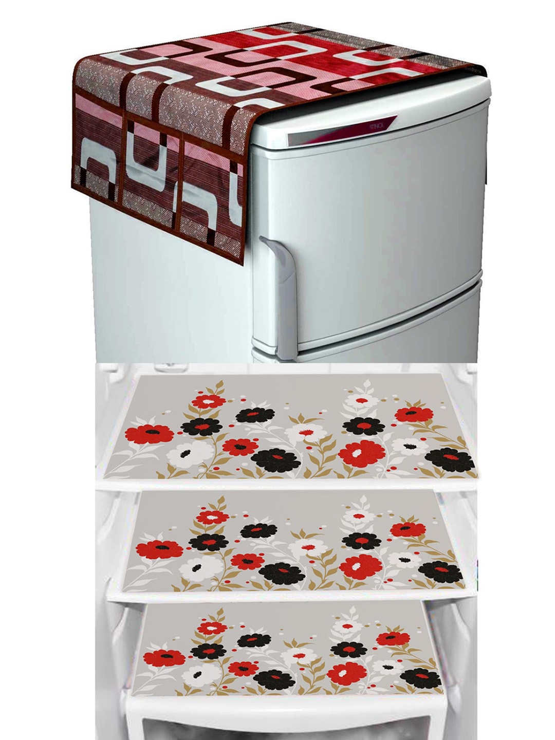 

Dakshya Industries Maroon 4 Pieces Geometric Print Waterproof Fridge Cover & Fridge Mats, Beige