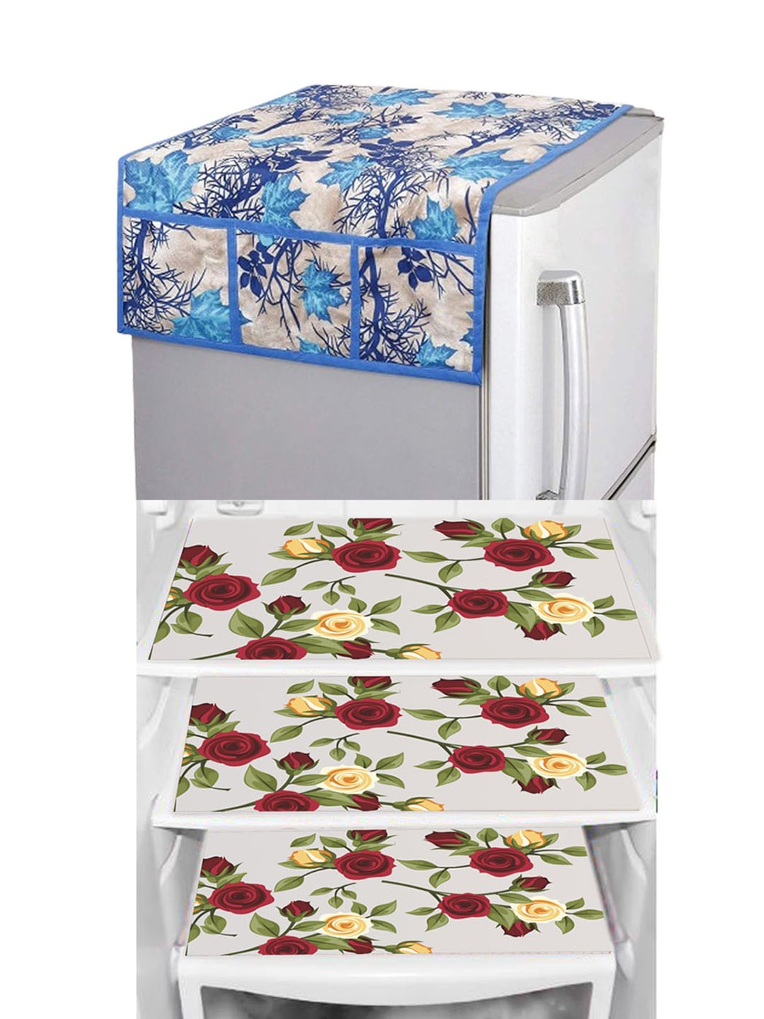 

Dakshya Industries Yellow & Blue Floral Printed Waterproof Fridge Cover With 3 Fridge Mats