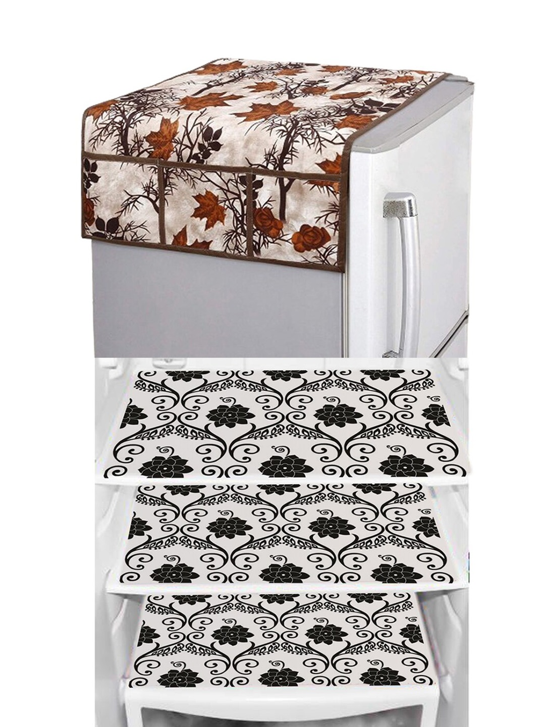 

Dakshya Industries Brown & Black 4 Pieces Floral Printed Refrigerator Covers & Mats