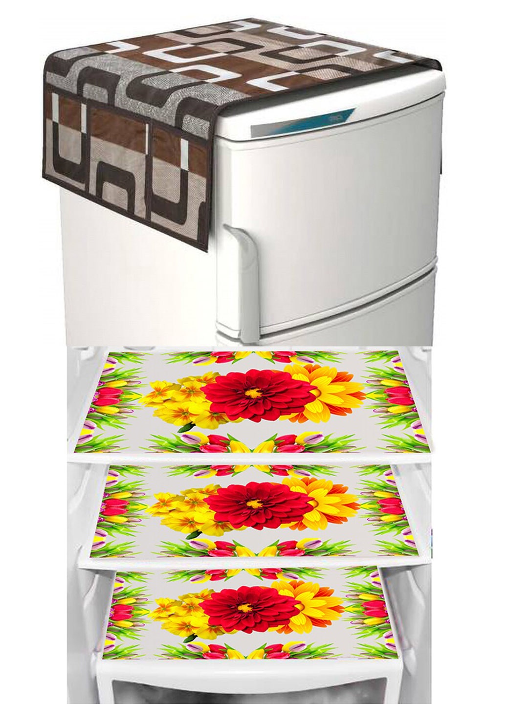 

Dakshya Industries Yellow 4 Pieces Floral Printed Refrigerator Cover & Mats