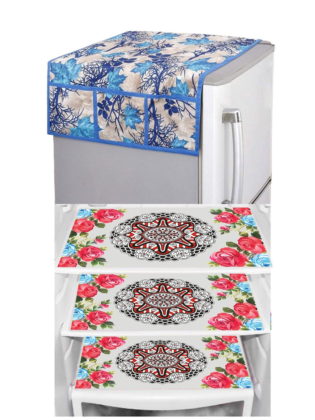 

Dakshya Industries 4 Pieces Blue & Beige Floral Printed Refrigerator Covers, Pink