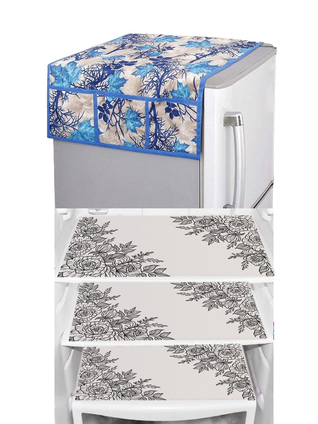 

Dakshya Industries 4 Pieces Blue & Beige Floral Printed Refrigerator Covers, White