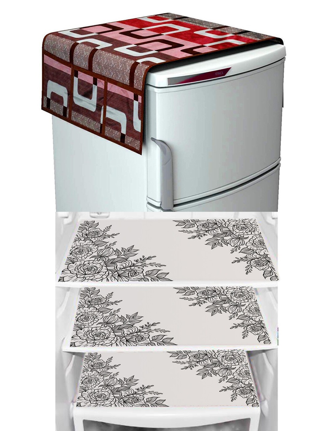 

Dakshya Industries Maroon Geometric Printed Waterproof Fridge Cover & 3 Fridge Mats, White