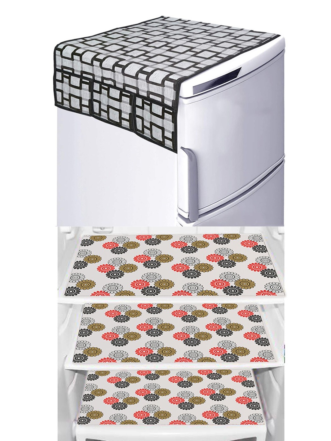 

Dakshya Industries 4 Pieces Black & Red Floral Printed Refrigerator Covers
