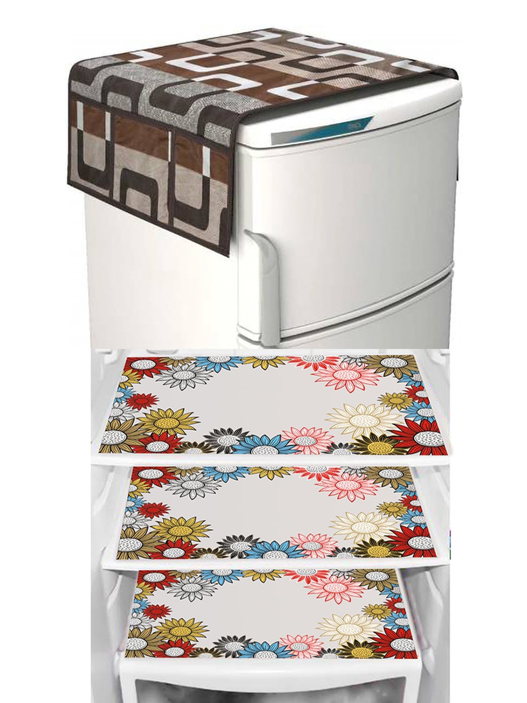 

Dakshya Industries Brown & Red 4 Pcs Geometric Fridge Cover & Fridge Mats