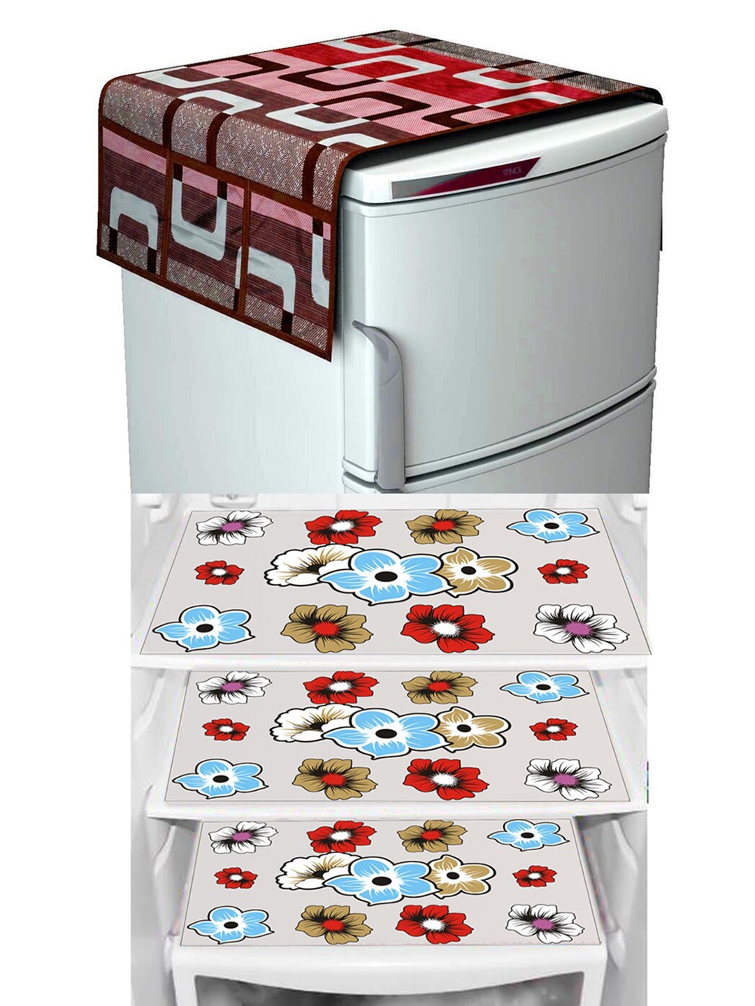 

Dakshya Industries Maroon & Red 4 Pcs Geometric Fridge Cover & Fridge Mats