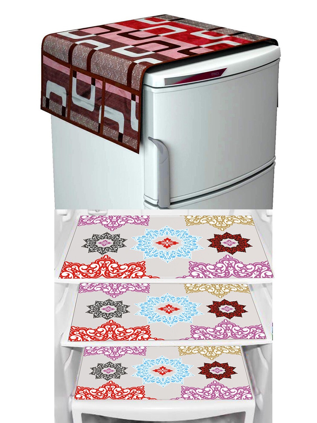 

Dakshya Industries Maroon & Red 4 Pcs Geometric Fridge Cover & Fridge Mats