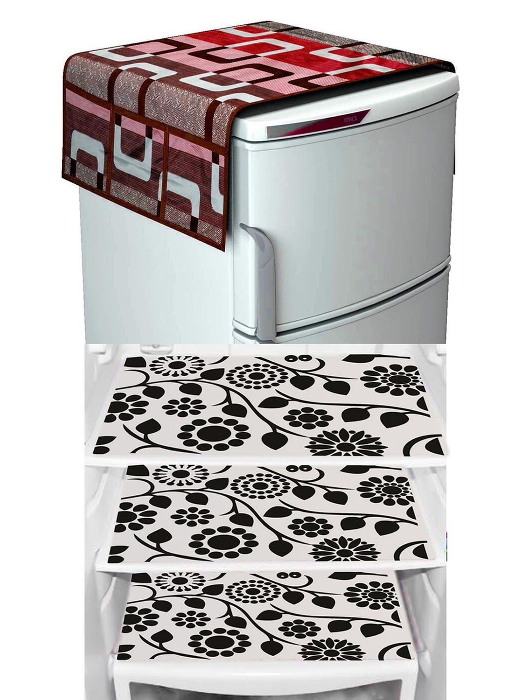 

Dakshya Industries Maroon & Black 4 Pcs Geometric Fridge Cover & Fridge Mats