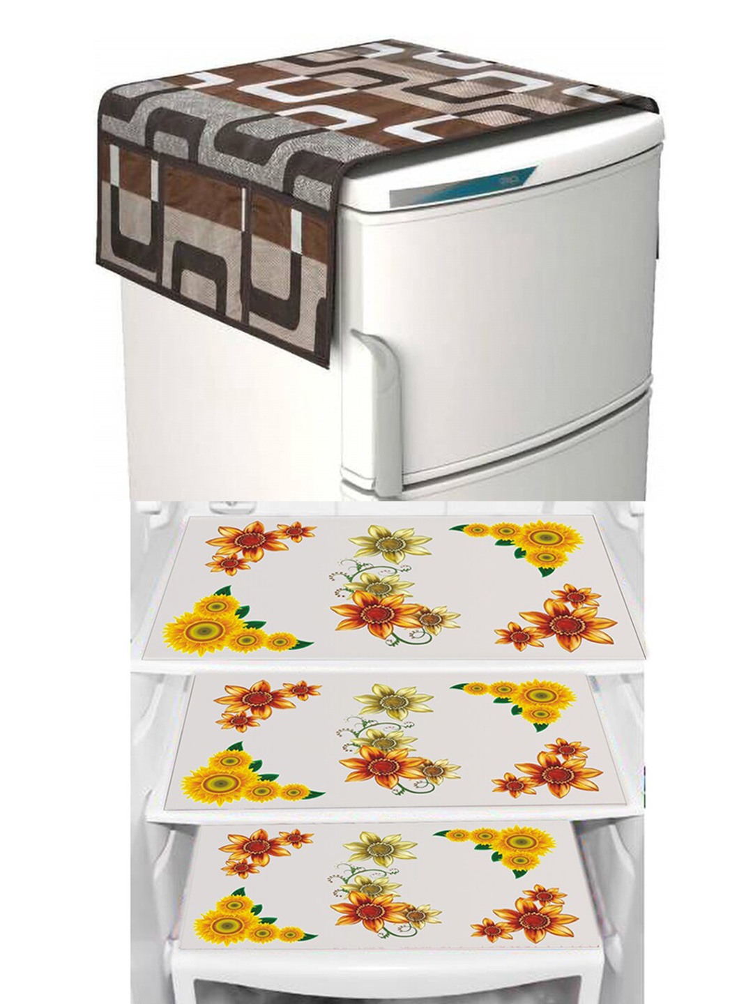 

Dakshya Industries Brown & Yellow 4 Pieces Floral Printed Refrigerator Cover & Drawer Mats