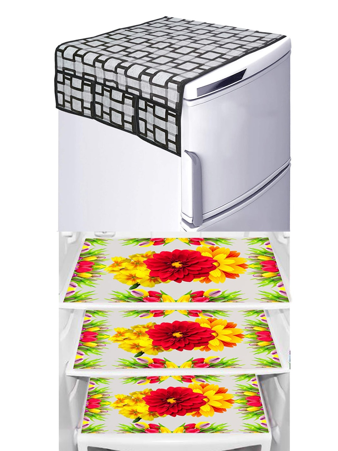 

Dakshya Industries Black & Red 4 Pieces Floral Printed Refrigerator Covers, Yellow