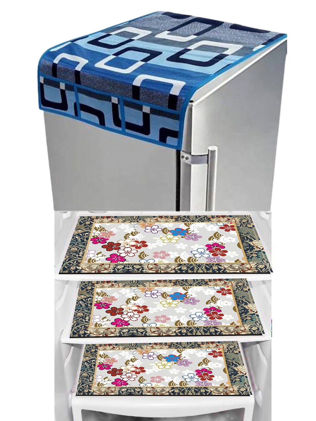 

Dakshya Industries Blue & Grey 4 Pieces Geometric Printed Refrigerator Cover & Mats