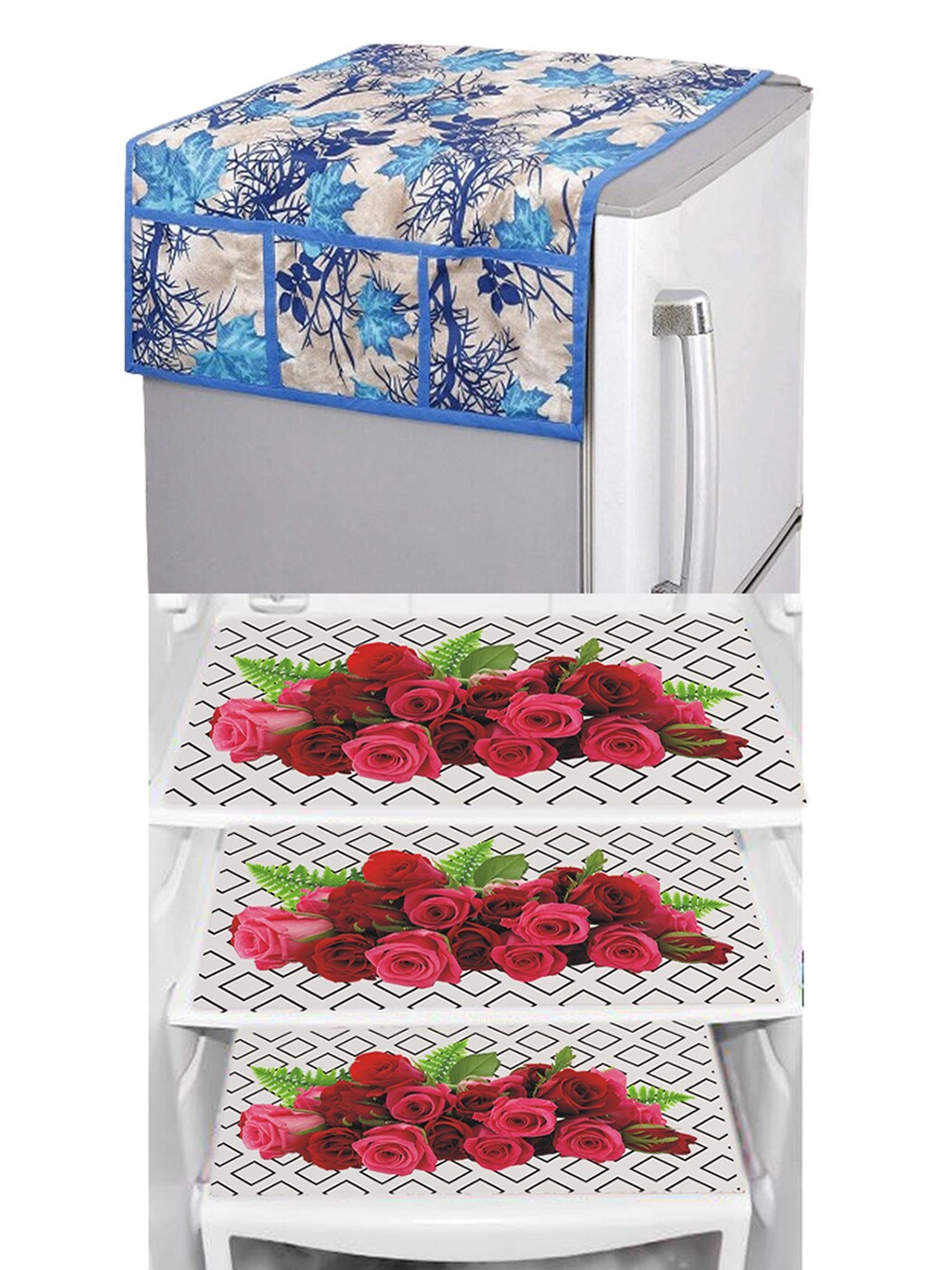 

Dakshya Industries Maroon & Blue Floral Printed Waterproof Fridge Cover With 3 Fridge Mats